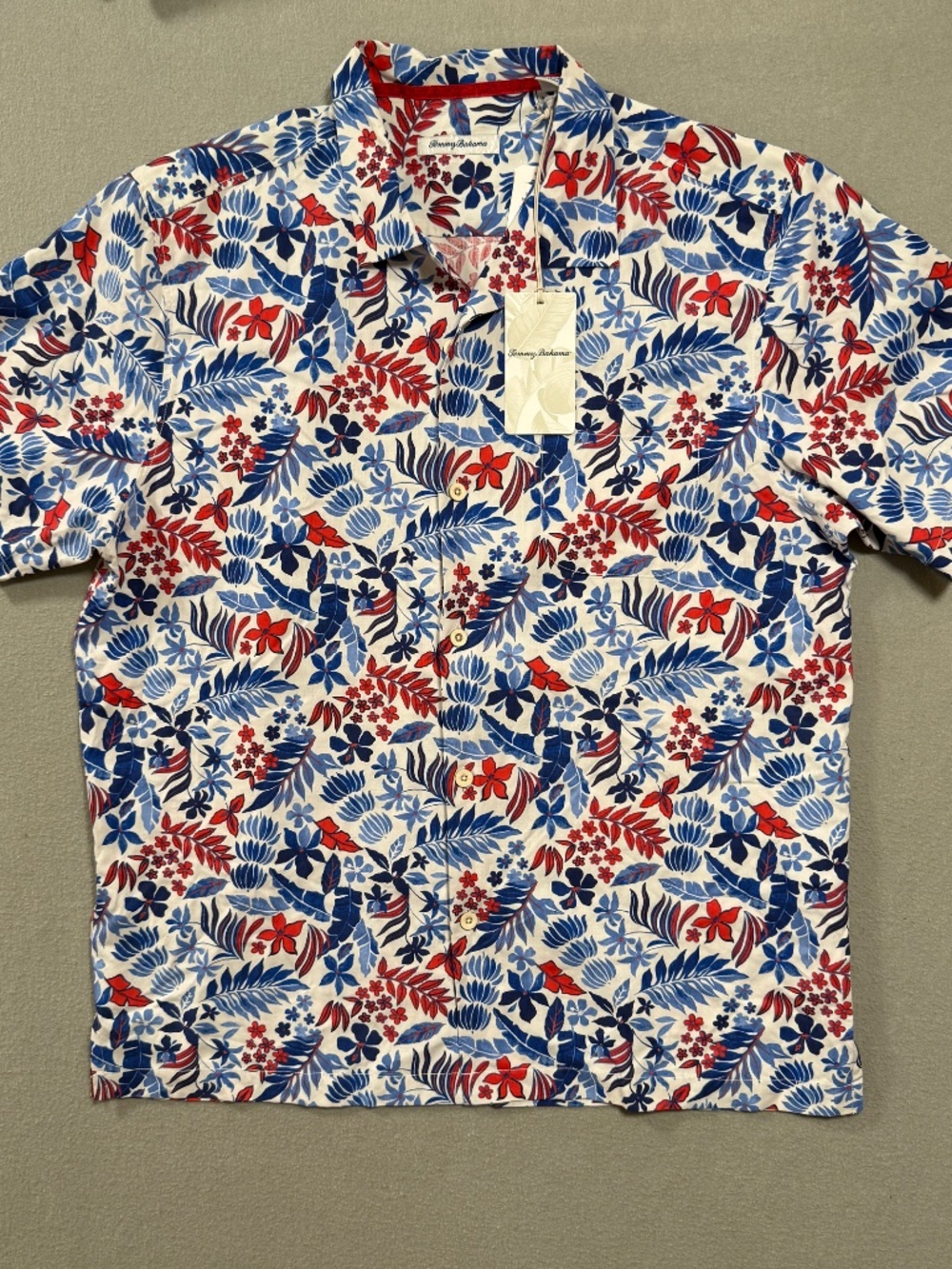 Tommy Bahama Set 100% Silk Shirt Swim Trunks Floral Red White Blue Hawaiian L/XL - Picture 2 of 13